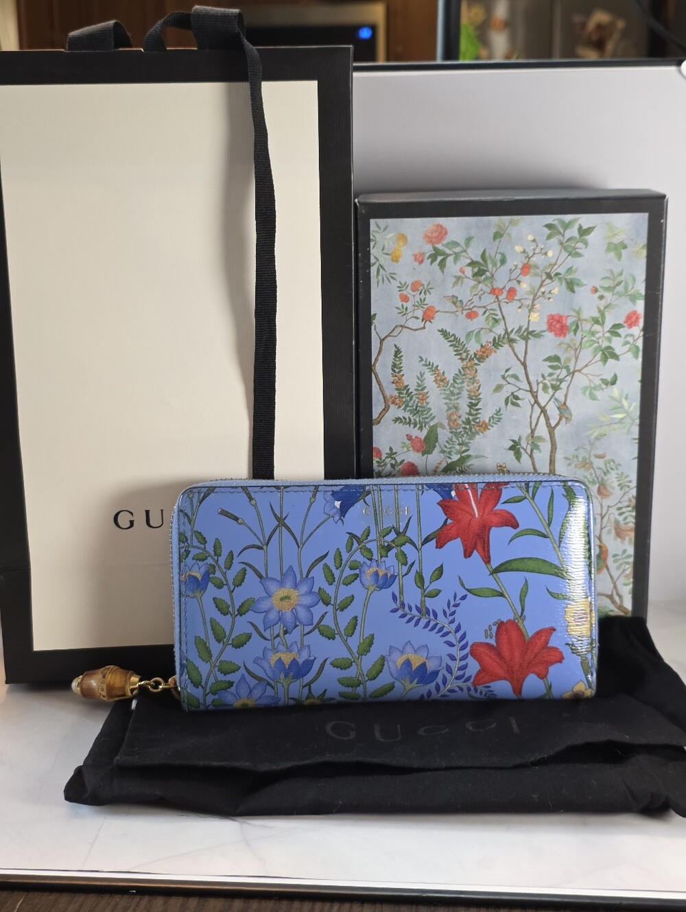 Gucci Blue Flora Zip Wallet with Bamboo Pull